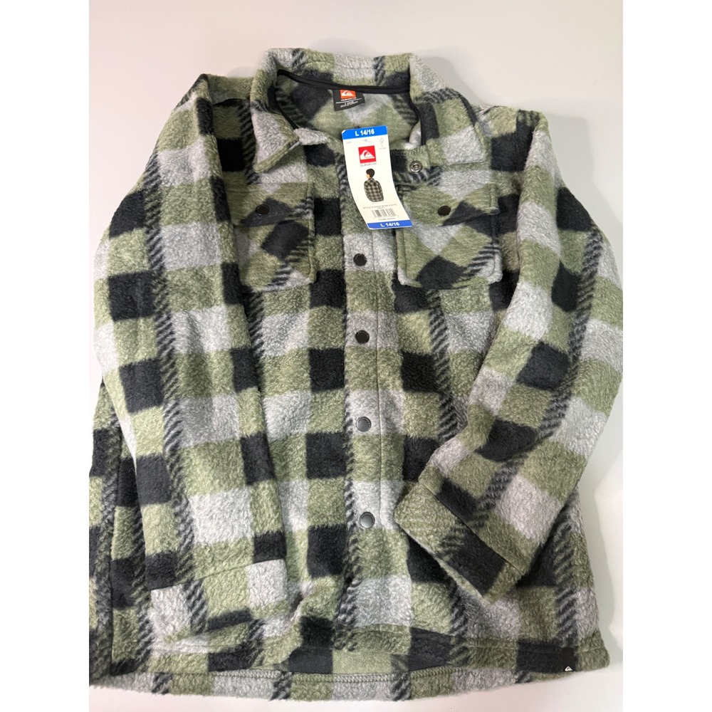 Quiksilver Boys Plaid Fleece Shirt Jacket Green Grey Black L 14/16 25QOFIB10K
